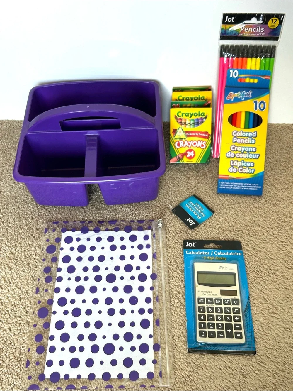 NEW Purple Plastic Desk Caddy with School Supplies Crayons, Colored Pencils, etc